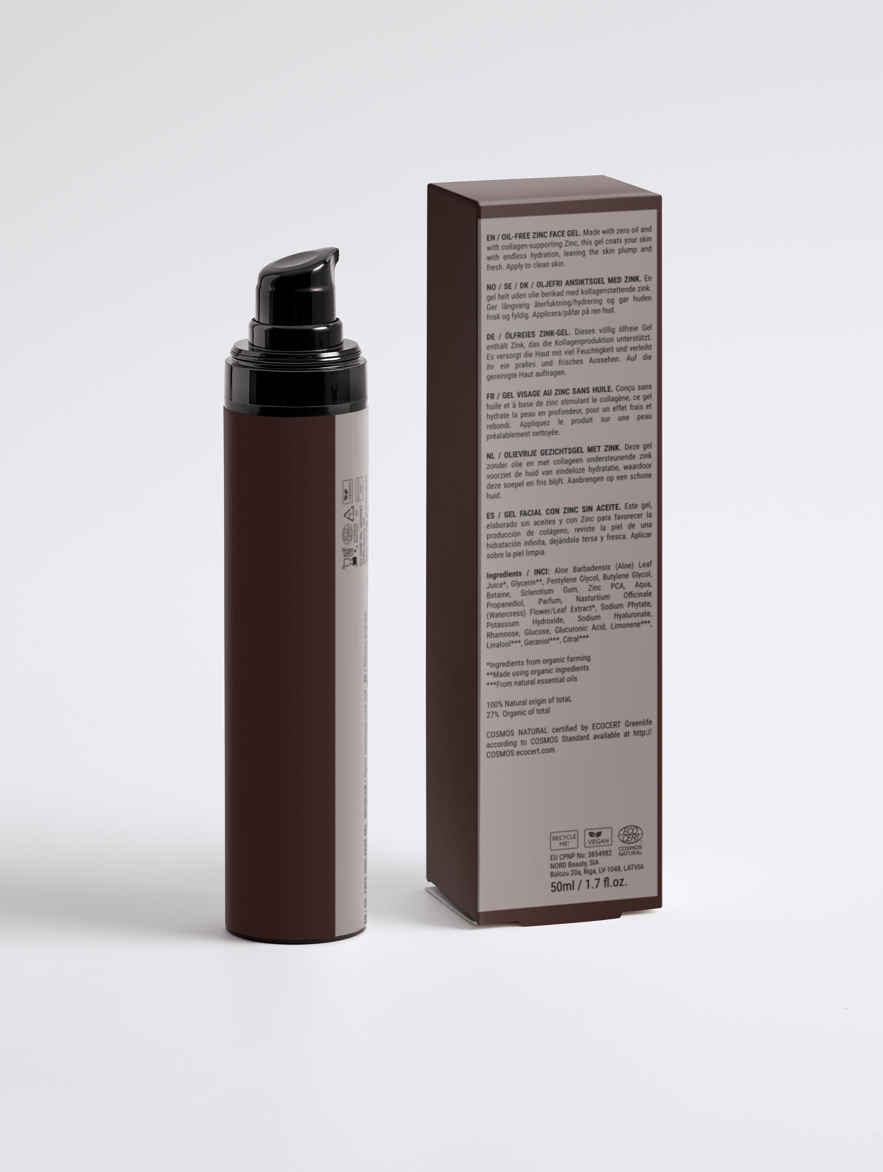 Eclat Soin oil-free Zinc face gel for men in a 50ml pump bottle with a sleek design